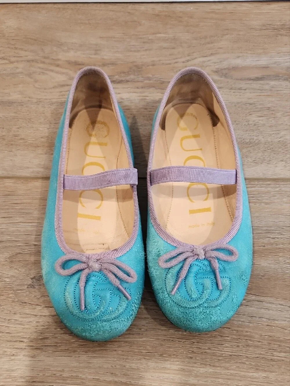 Gucci Girls' Turquoise Suede Ballet Flats with Pink Trim Size 30